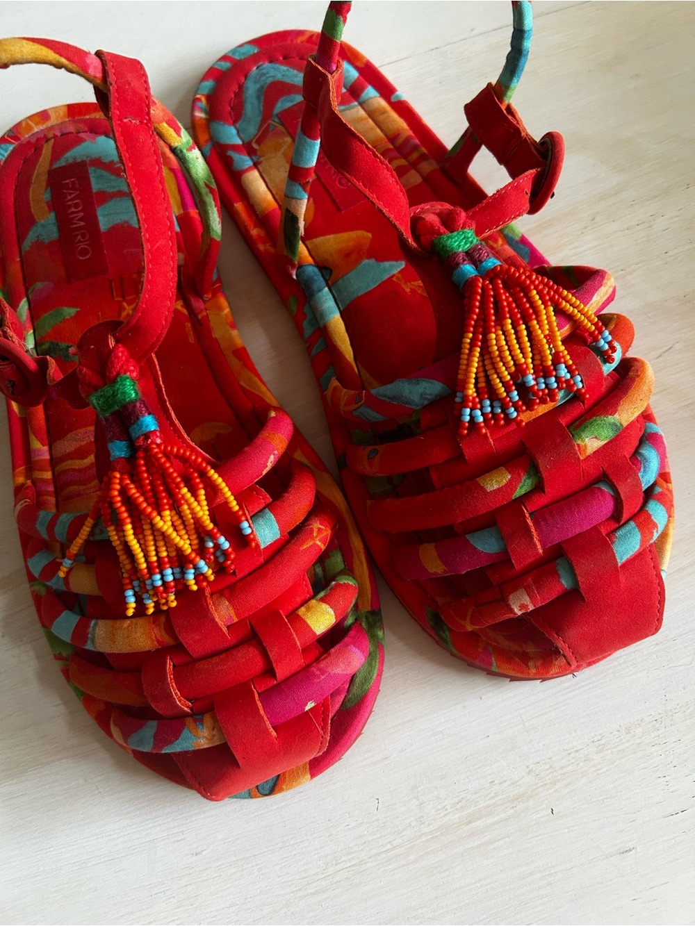 Farm Rio Tropical Tube Sandal, vibrant colors, women’s size 37 (8  US).